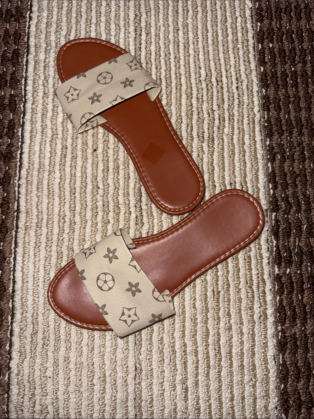 Beige Monogram Slide Sandals with Brown Footbed